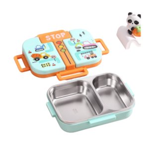 Boîte à repas maternelle en acier inoxydable bleu de 600 ml, sans BPA 2 compartiments #1619